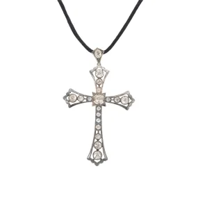 Ladies Victorian Antique Sterling Silver Old Cuts Diamond Cross Pendant Black Rope Necklace