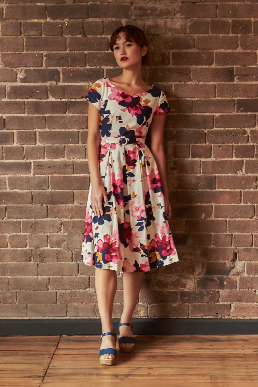 Laura Fuchsia & Navy Floral Linen Dress