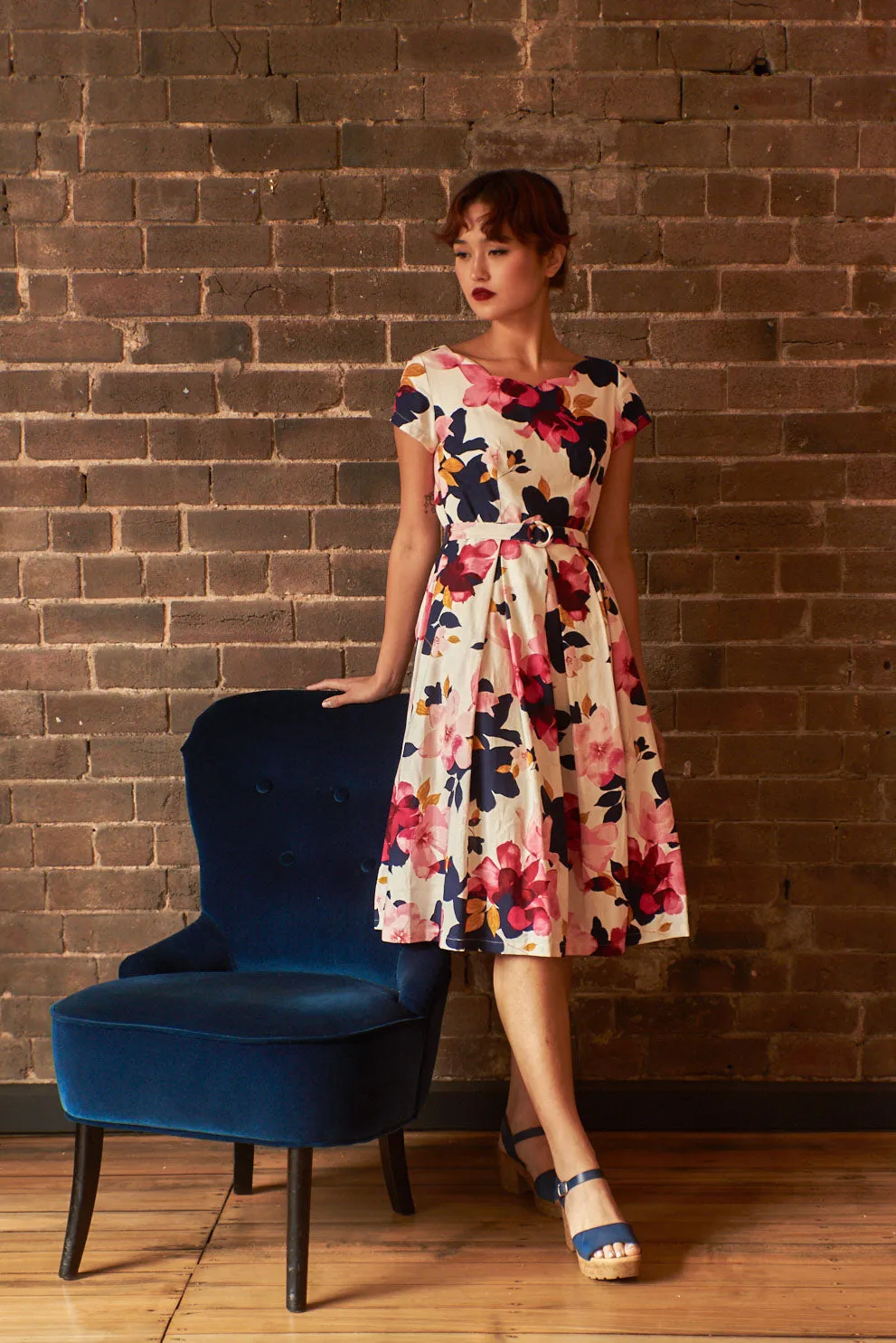 Laura Fuchsia & Navy Floral Linen Dress