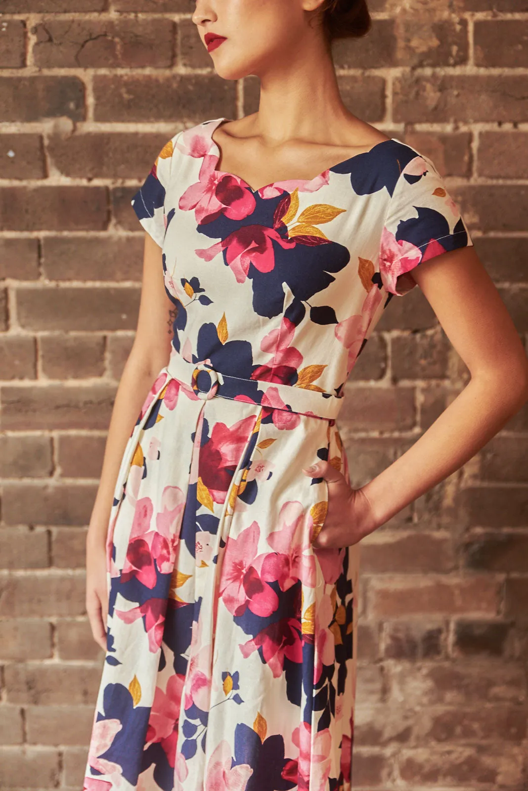 Laura Fuchsia & Navy Floral Linen Dress