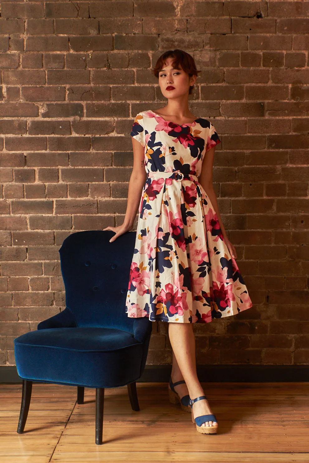 Laura Fuchsia & Navy Floral Linen Dress