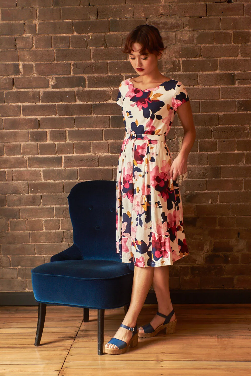 Laura Fuchsia & Navy Floral Linen Dress