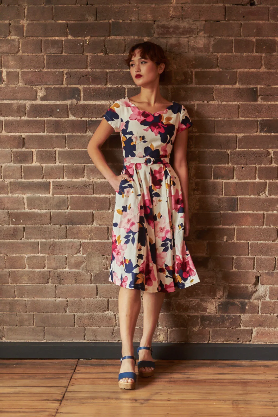 Laura Fuchsia & Navy Floral Linen Dress