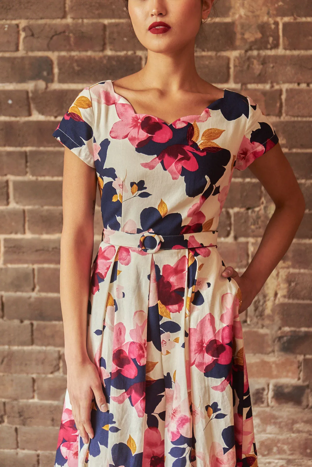 Laura Fuchsia & Navy Floral Linen Dress