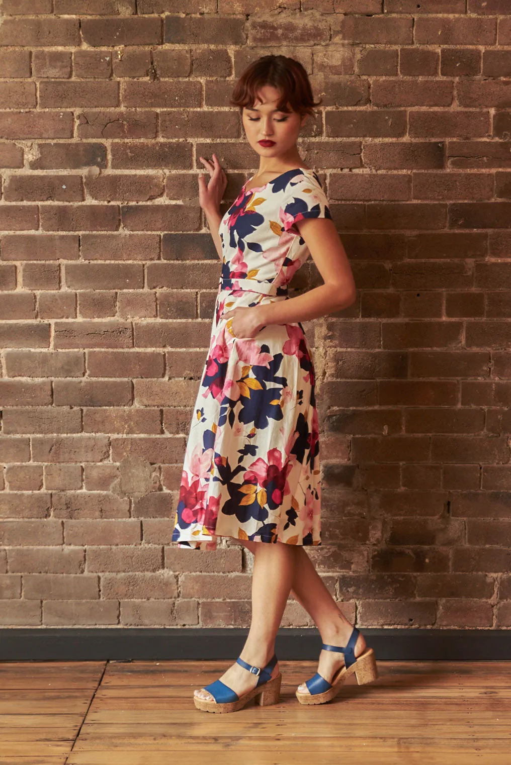 Laura Fuchsia & Navy Floral Linen Dress