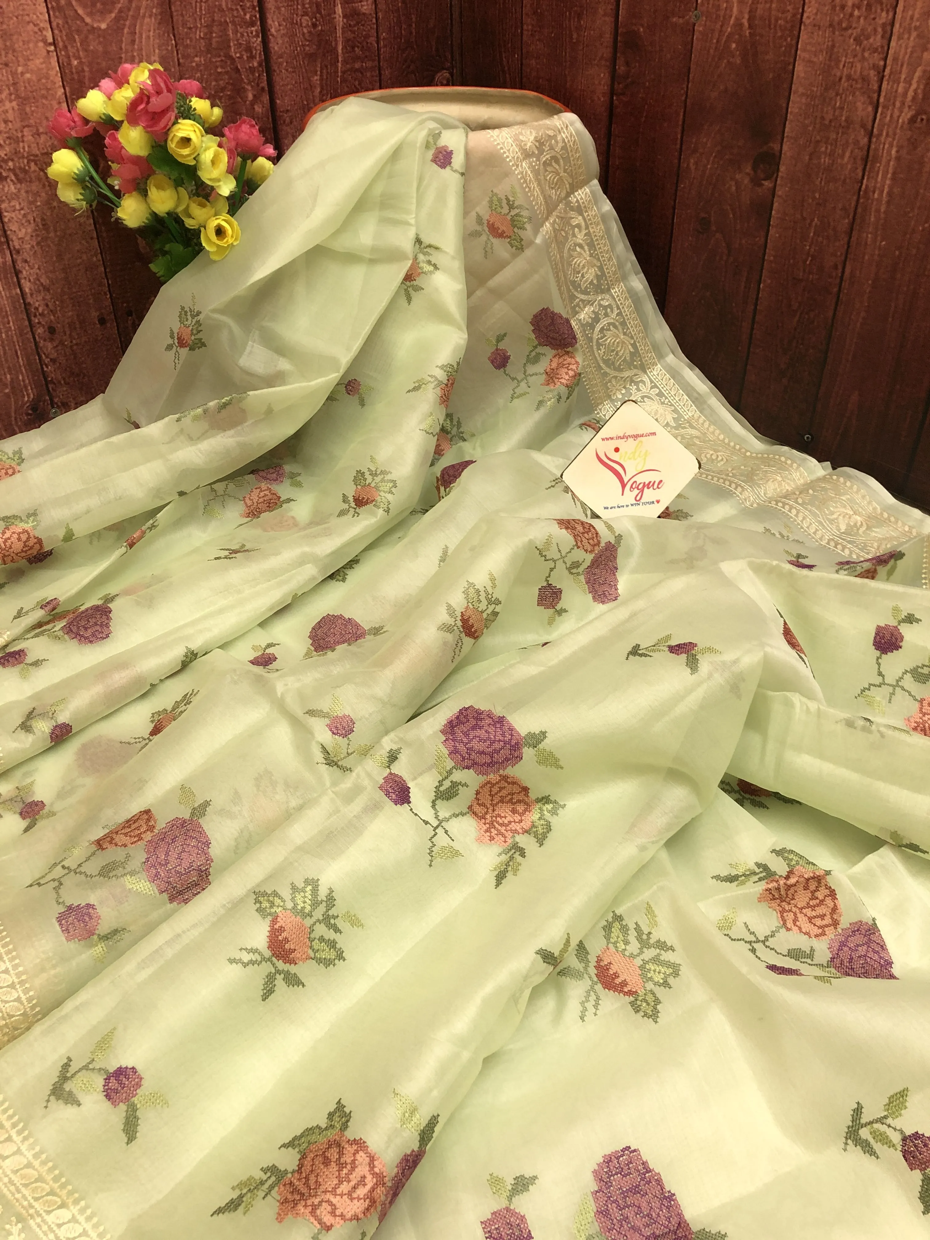 Light Green Color Designer Organza Saree with Chikankari & Digital Print Work