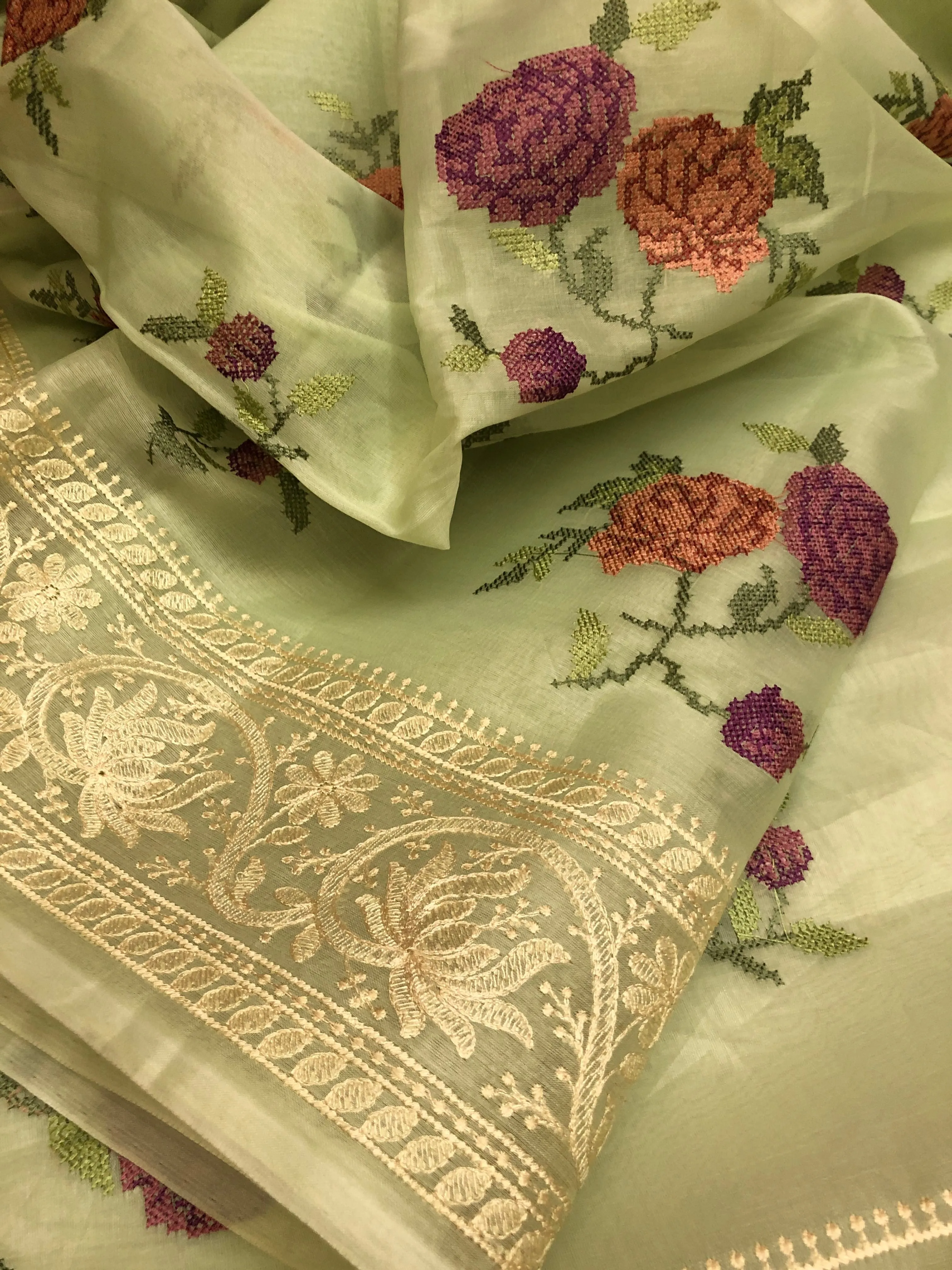 Light Green Color Designer Organza Saree with Chikankari & Digital Print Work