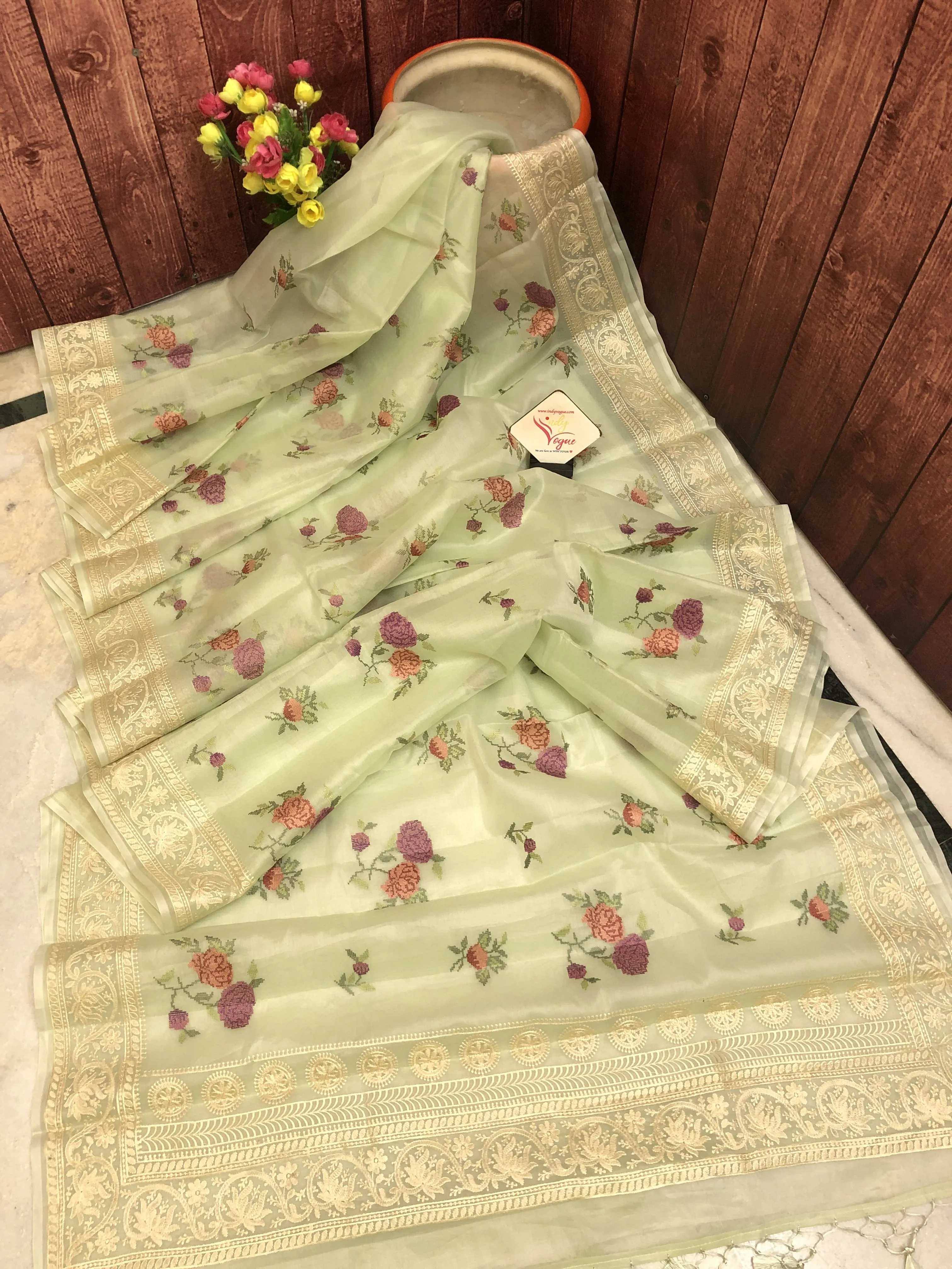 Light Green Color Designer Organza Saree with Chikankari & Digital Print Work