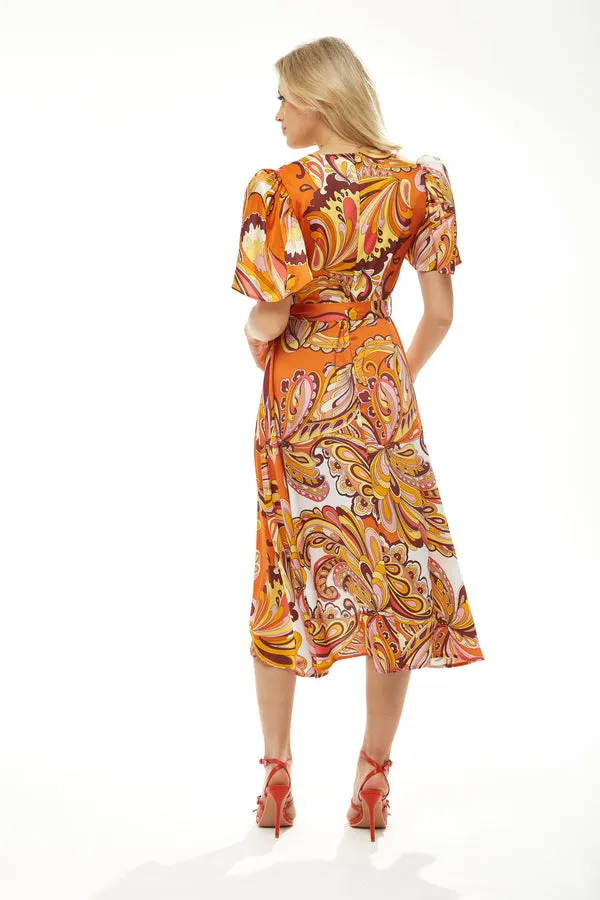 Liquorish Fake Wrap Midi Dress In Orange Floral