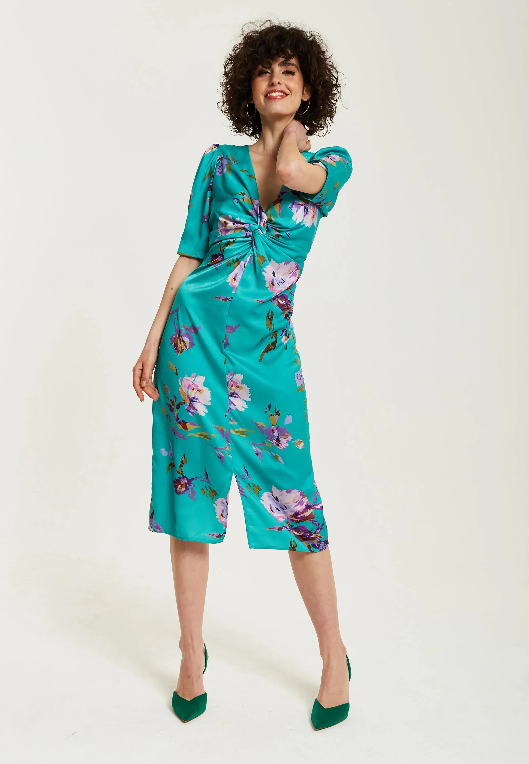 Liquorish Green Floral Knot Front Midi Dress