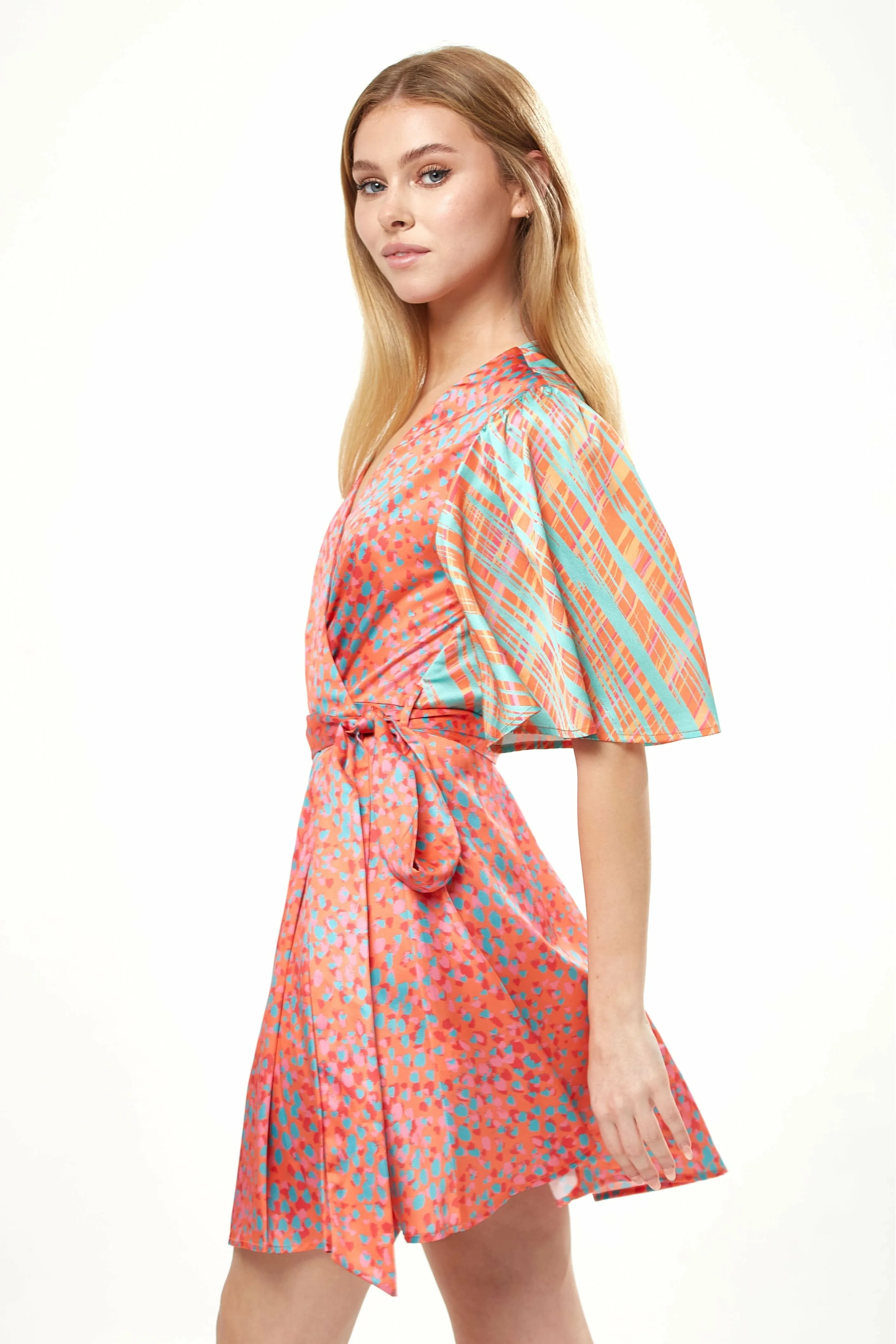 Liquorish Orange Printed Mini Wrap Dress With Kimono Sleeve