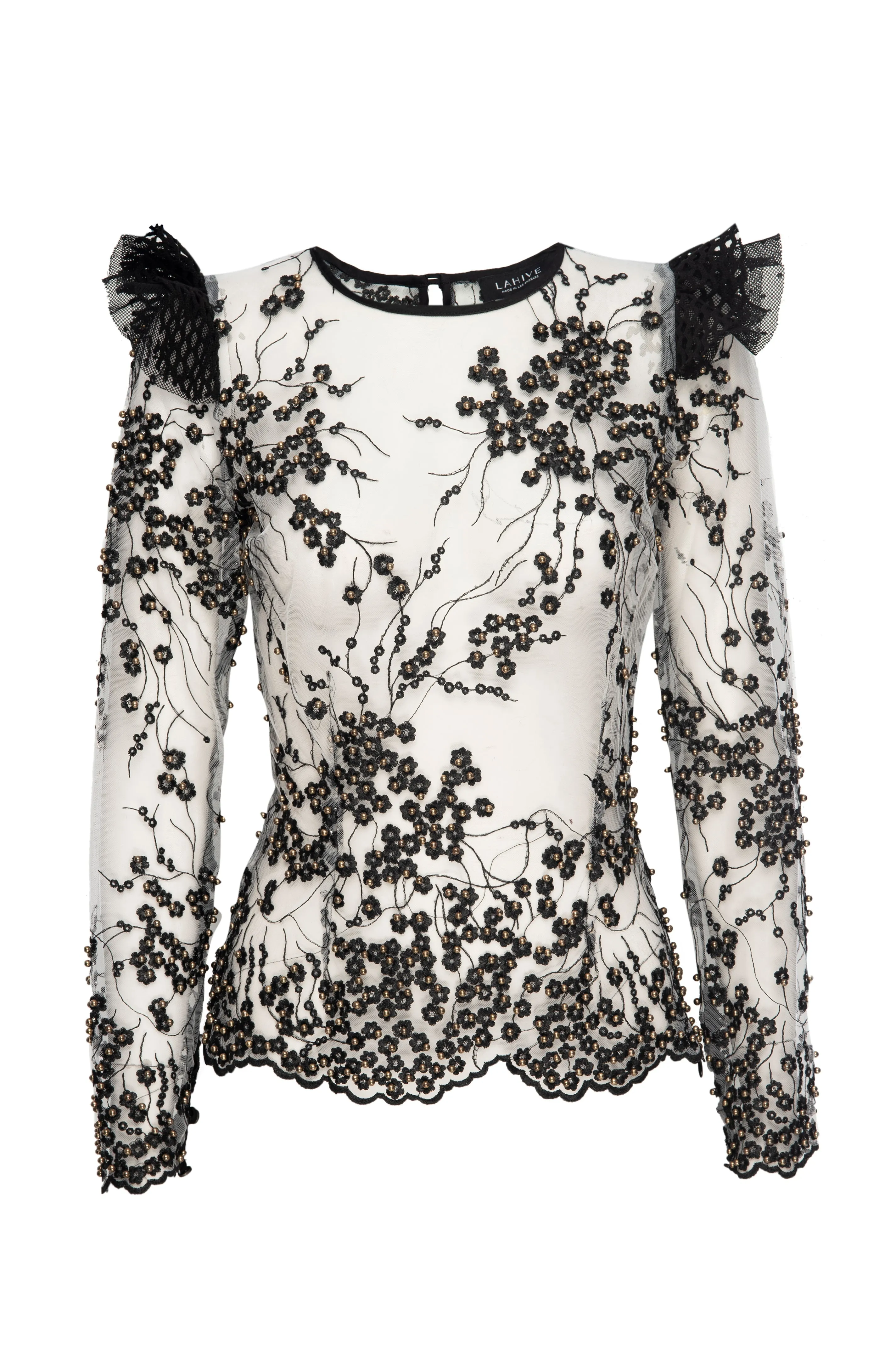 LONDON Beaded and Embroidered Mesh Top