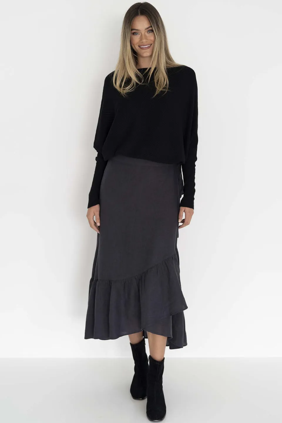 Macy Linen Charcoal Maxi Wrap Skirt