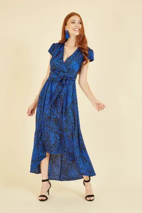 Mela London Blue Animal Print Dip Hem Midi Wrap Dress