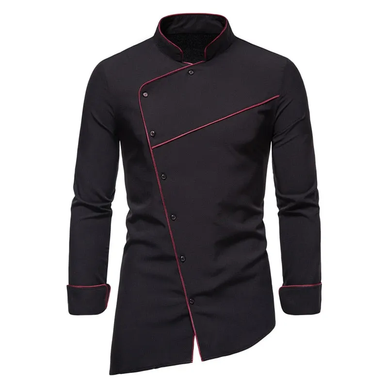 Men's Irregular Long Sleeve Shirt Solid Color Oblique Button Social Office Work Clothes Clothing Chemise Homme