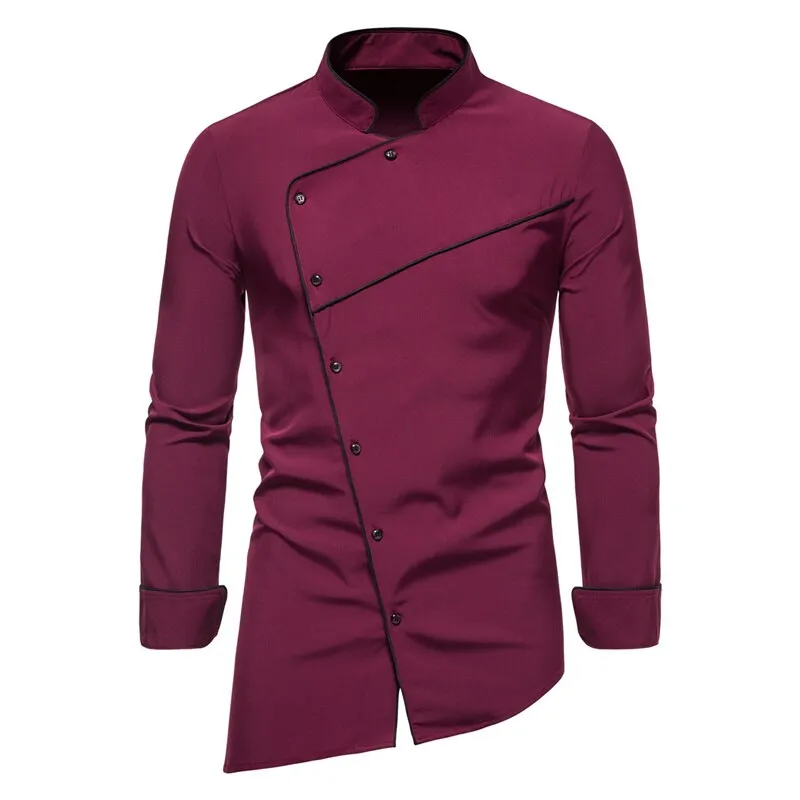 Men's Irregular Long Sleeve Shirt Solid Color Oblique Button Social Office Work Clothes Clothing Chemise Homme