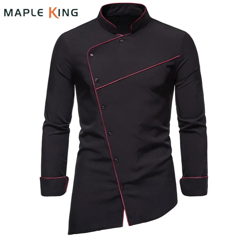 Men's Irregular Long Sleeve Shirt Solid Color Oblique Button Social Office Work Clothes Clothing Chemise Homme