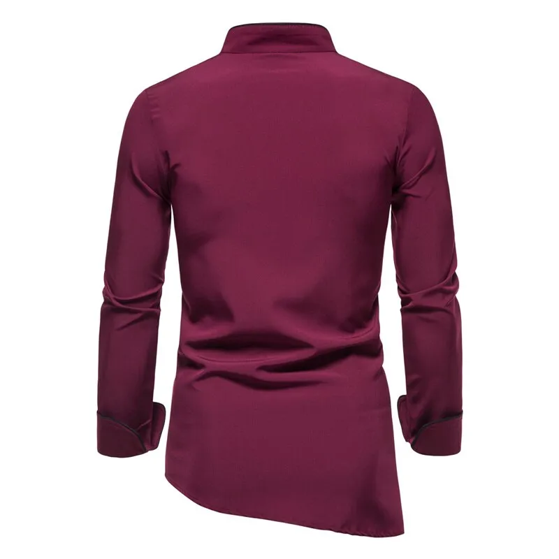 Men's Irregular Long Sleeve Shirt Solid Color Oblique Button Social Office Work Clothes Clothing Chemise Homme