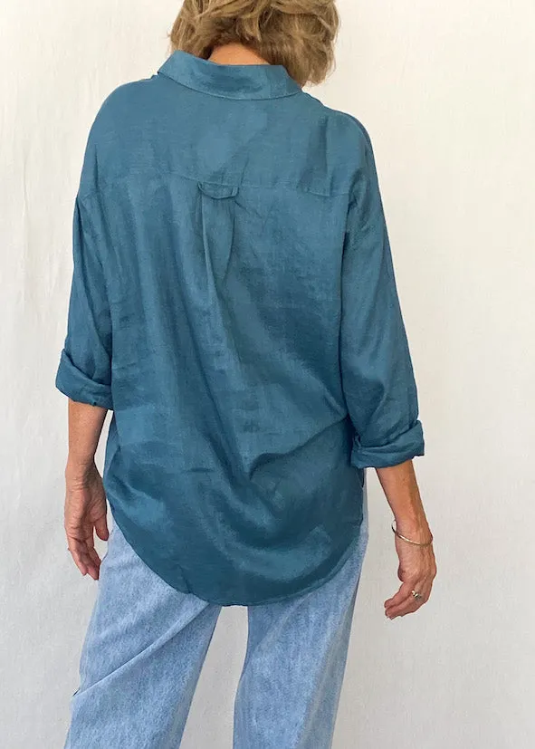 Millie Button Up Linen Shirt - Teal