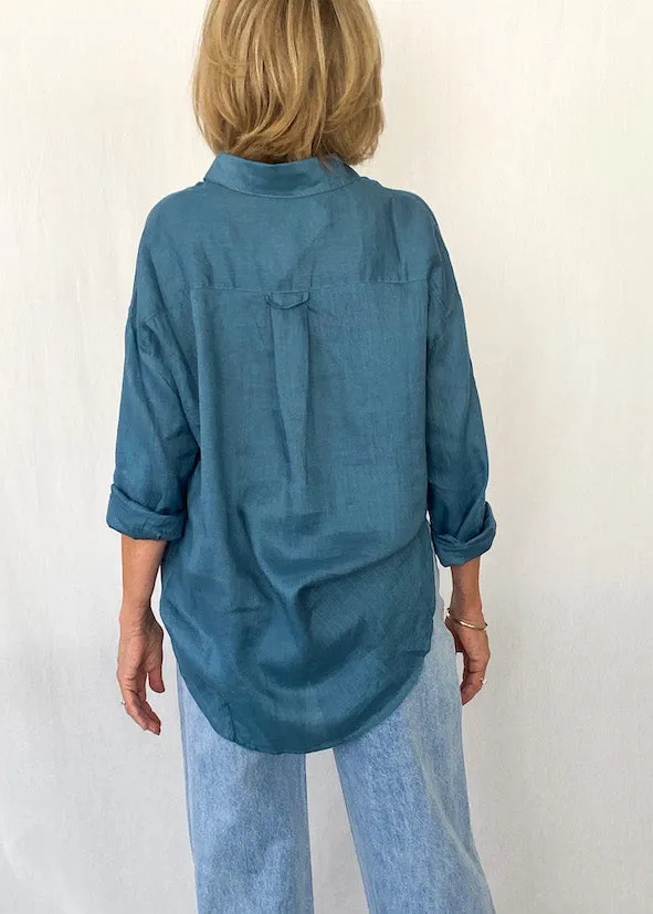 Millie Button Up Linen Shirt - Teal