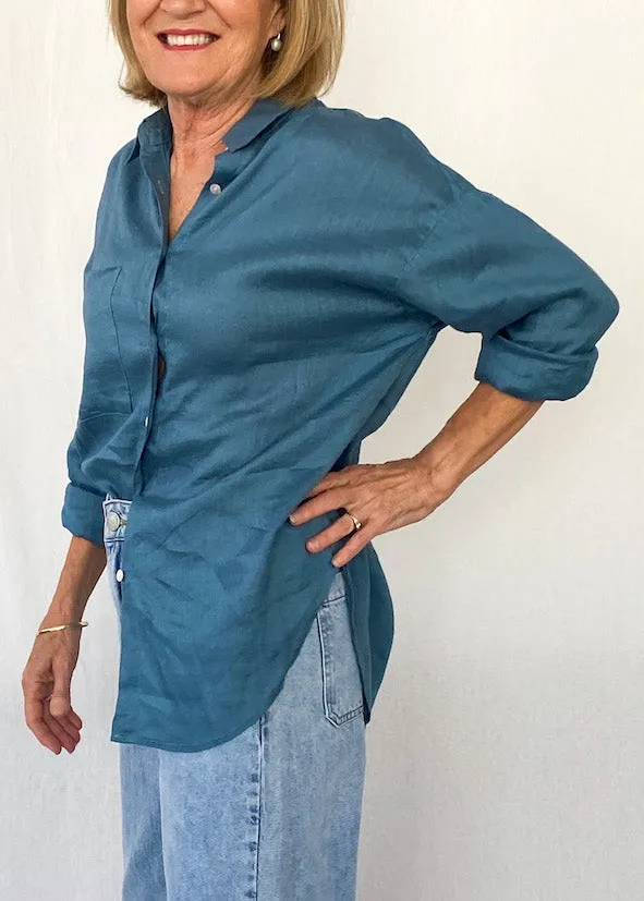 Millie Button Up Linen Shirt - Teal