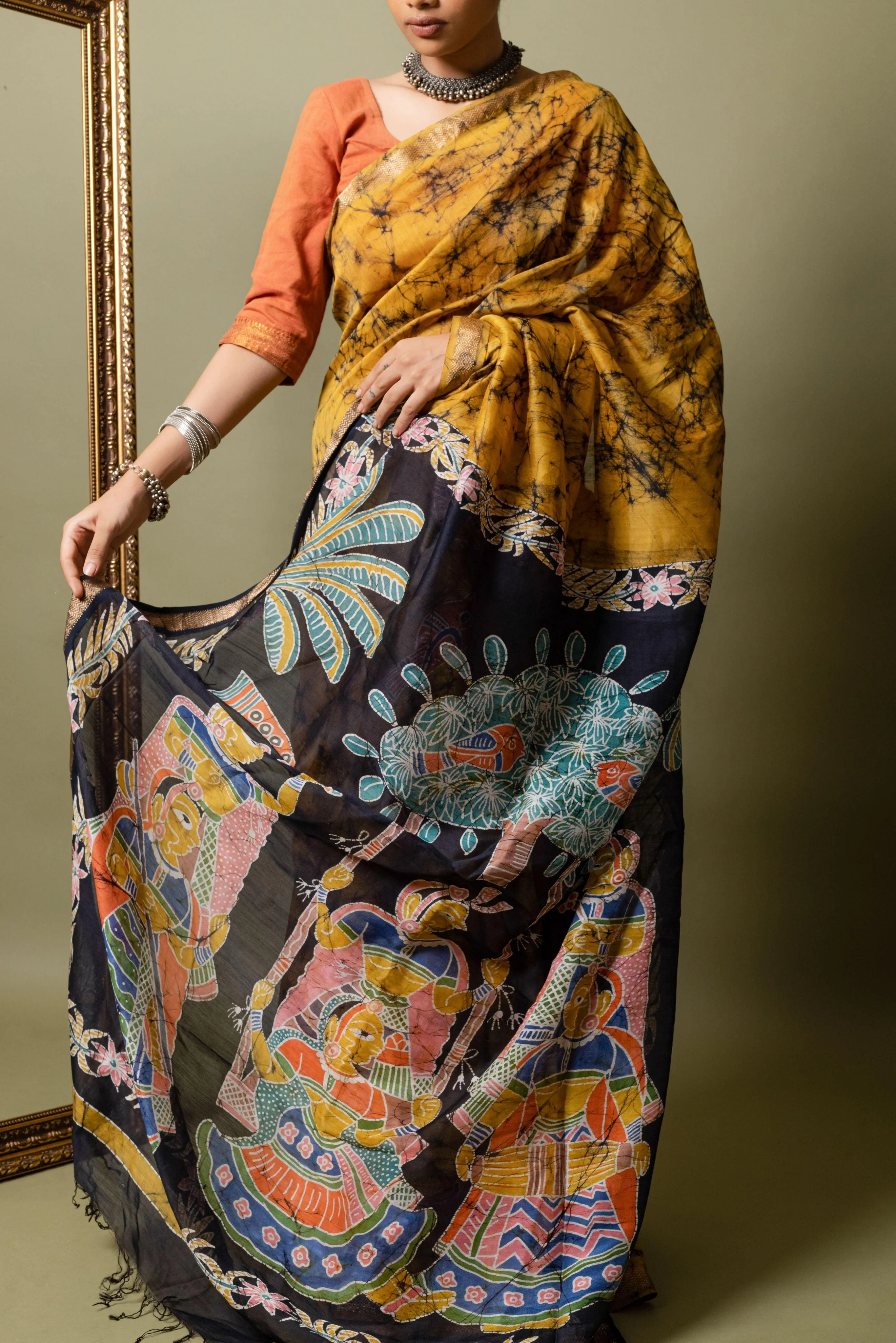 Narmada - Shagun Batik Mustard Phad Maheswari saree