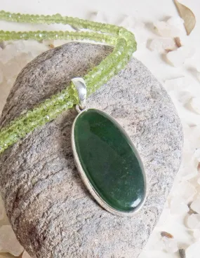 Nephrite Jade Pendant on Peridot Beaded Necklace - One of a Kind