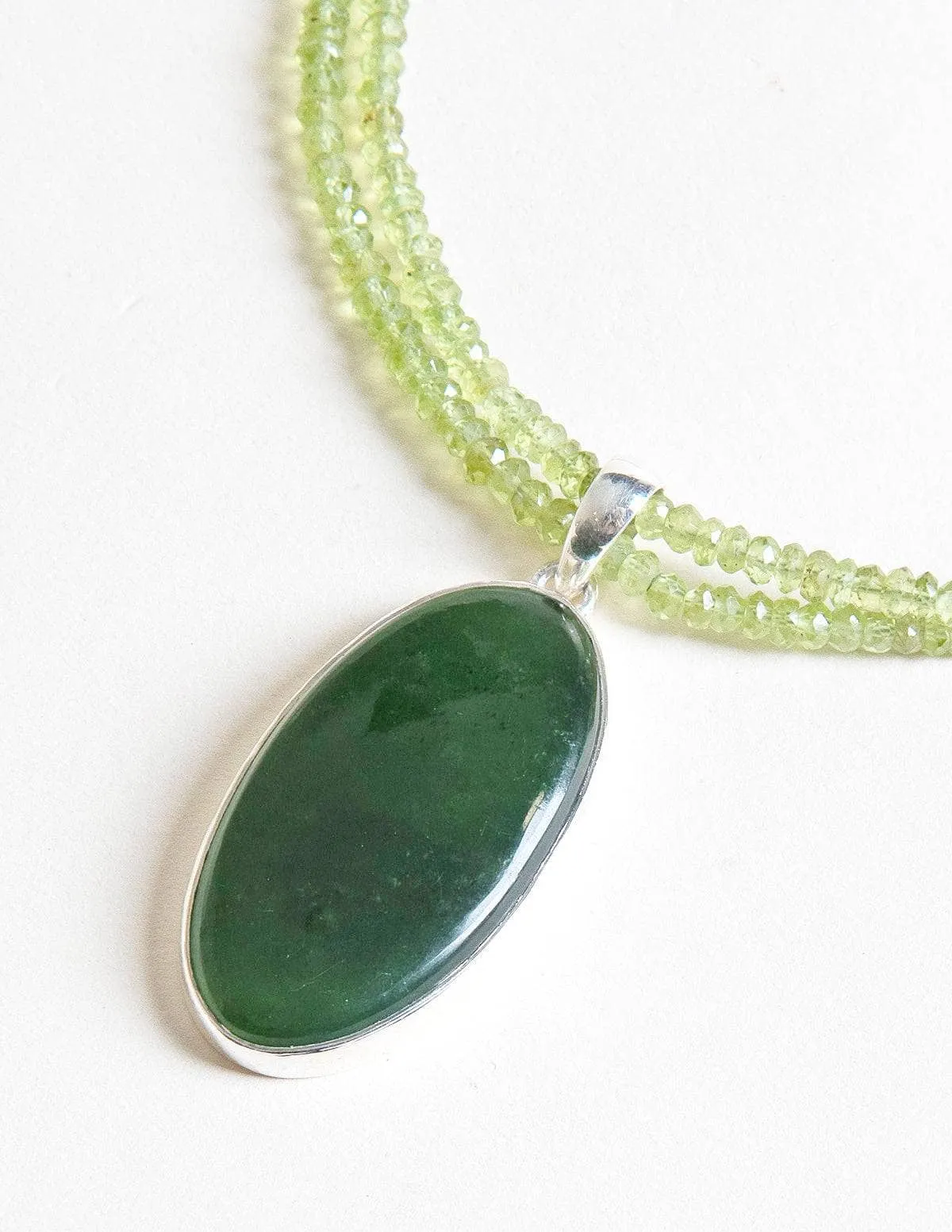 Nephrite Jade Pendant on Peridot Beaded Necklace - One of a Kind