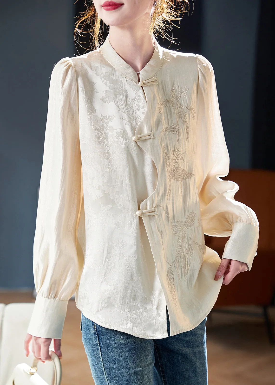 New Apricot Embroidered Button Cotton Shirt Long Sleeve QA1052