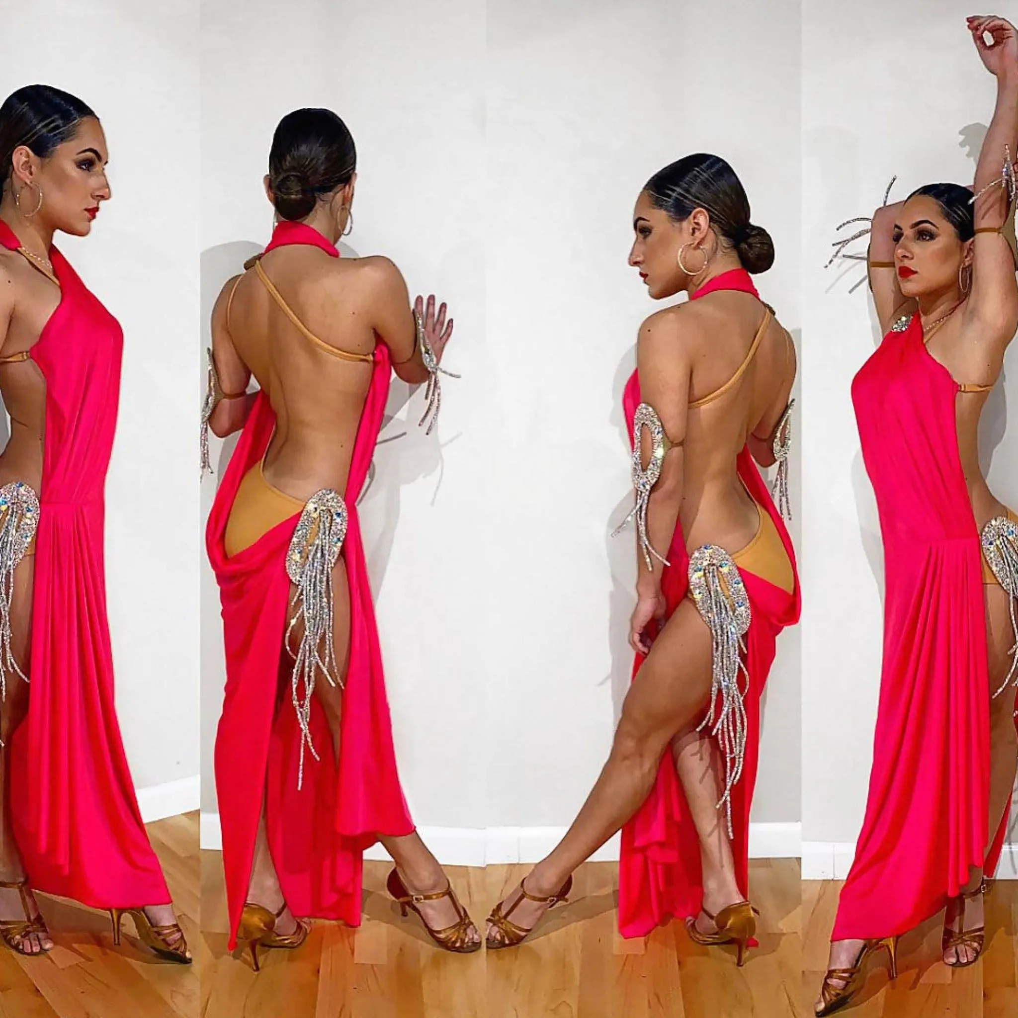 New Neon Red & Silver Sponsored Latin Dress