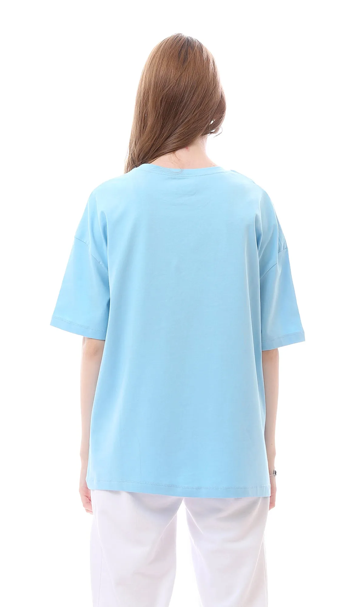 O165804 Sky Blue Graphic Pattern Relaxed Rayon T-Shirt