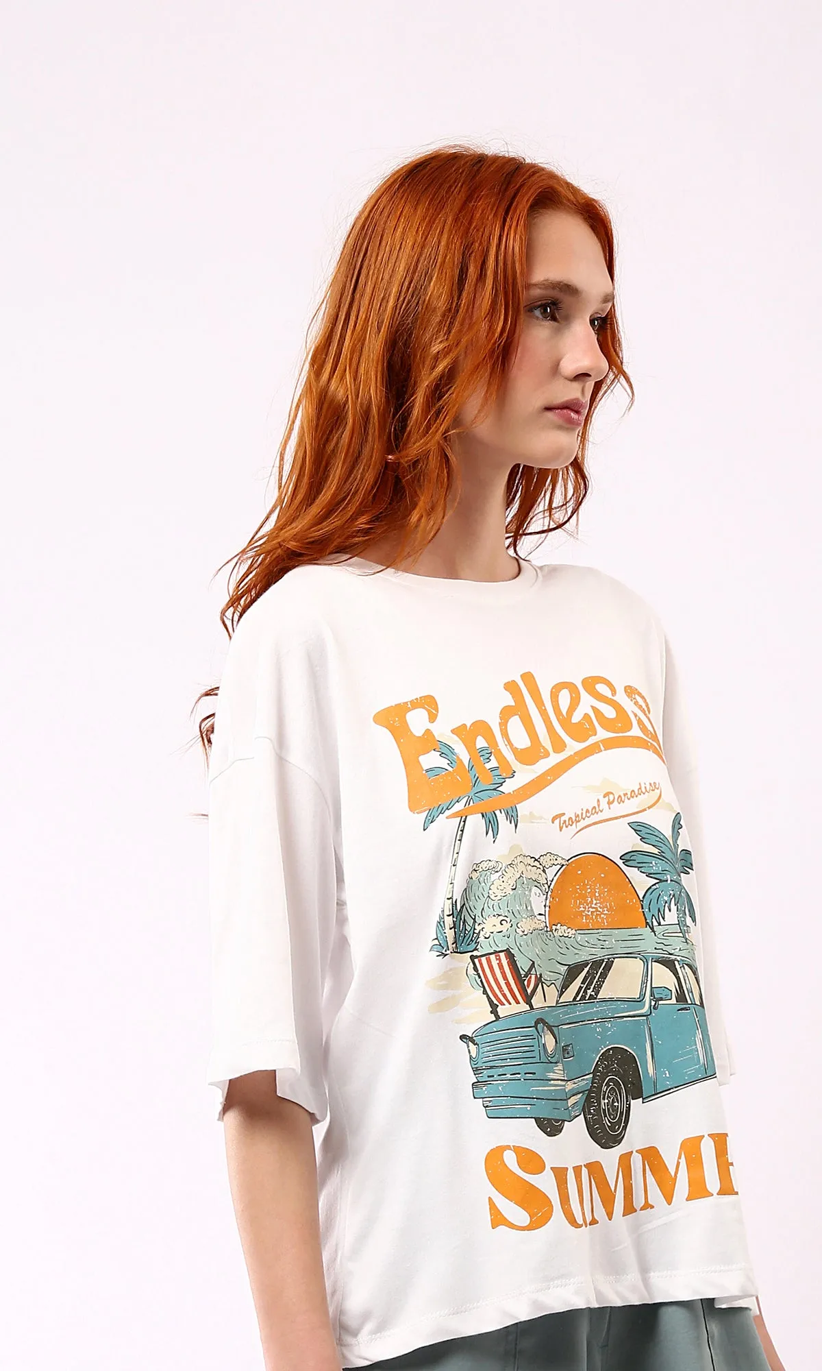 O178794 Printed Endless Summer Elbow Sleeves White Tee