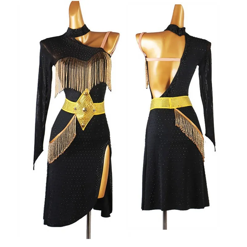 One Sleeve Black Latin Dancewear with Gold Fringe | 228