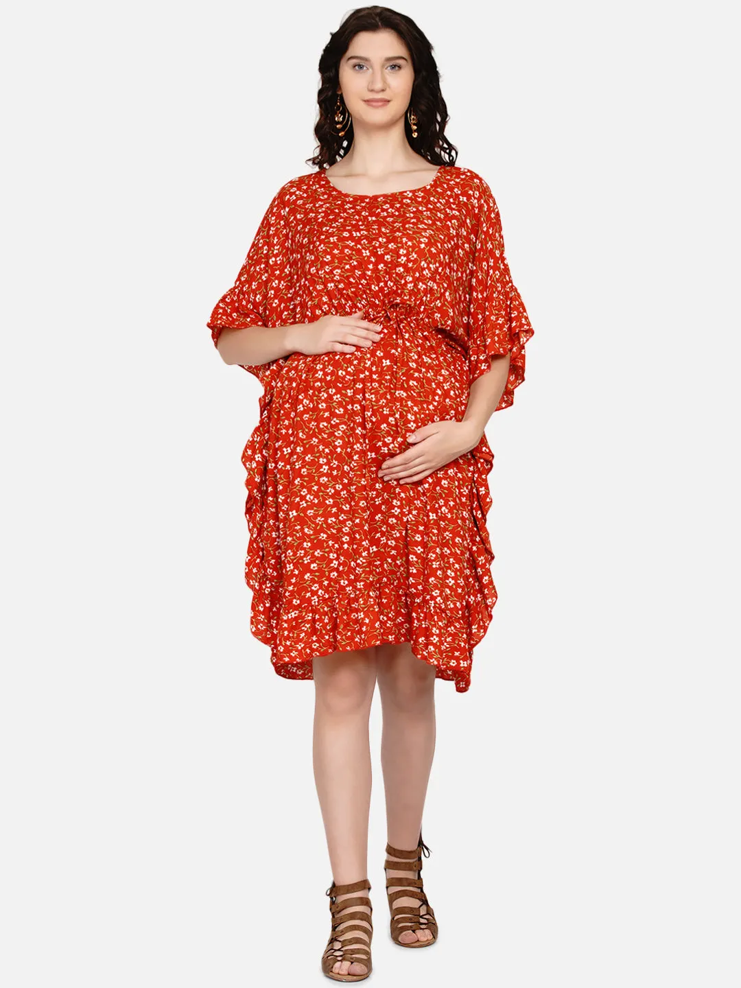 Orange Floral Mini Maternity Kaftan Dress