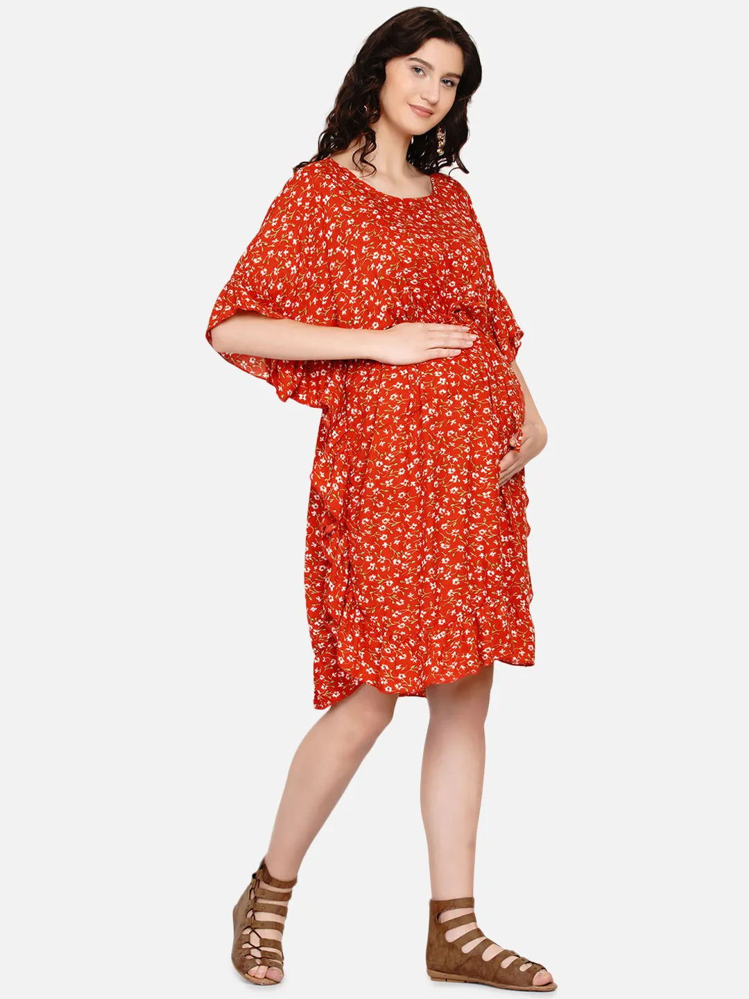 Orange Floral Mini Maternity Kaftan Dress