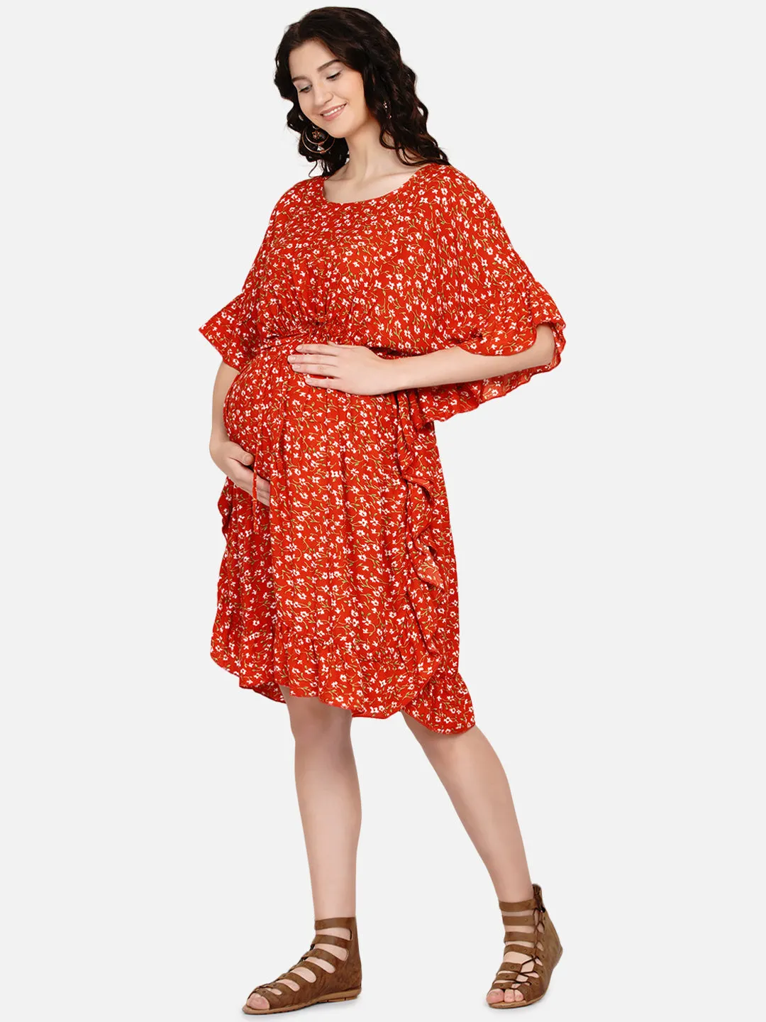 Orange Floral Mini Maternity Kaftan Dress