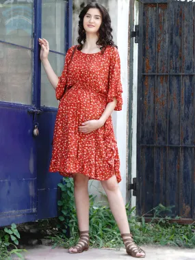 Orange Floral Mini Maternity Kaftan Dress