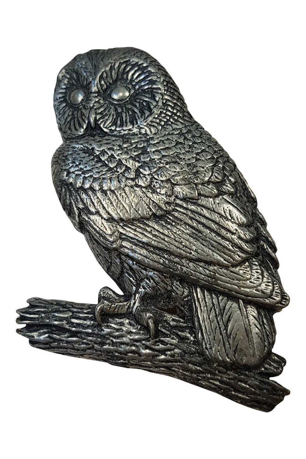 OWL BROOCH Vintage Pewter Tawny Owl on Matching Pewter Branch