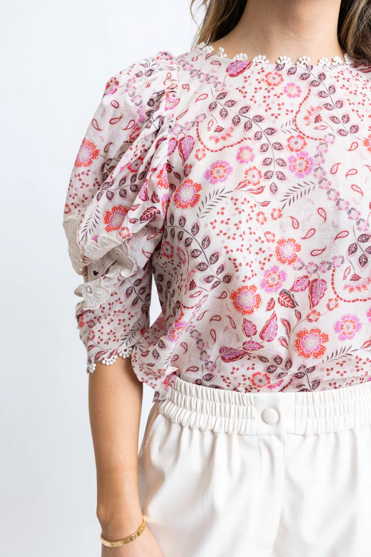 Paris Floral Crochet Trim Top