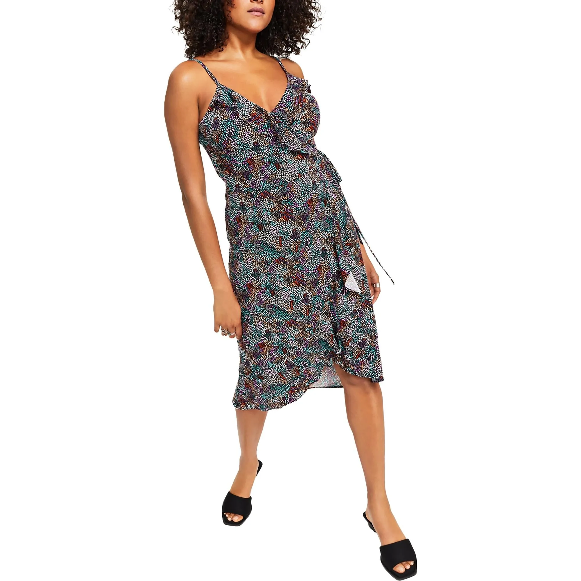 Petites Womens Printed Mini Wrap Dress