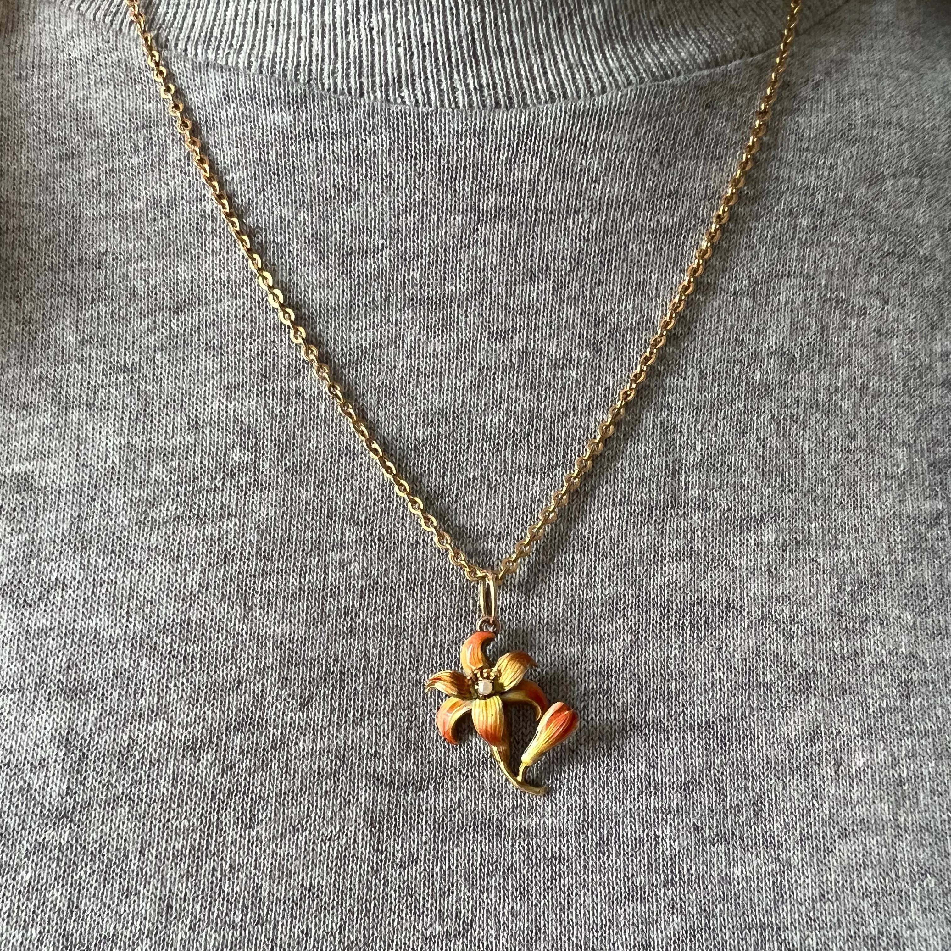 reimagined V I N T A G E // orange lily / solid 14k yellow gold and enamel orange flower with pearl / stick pin conversion pendant