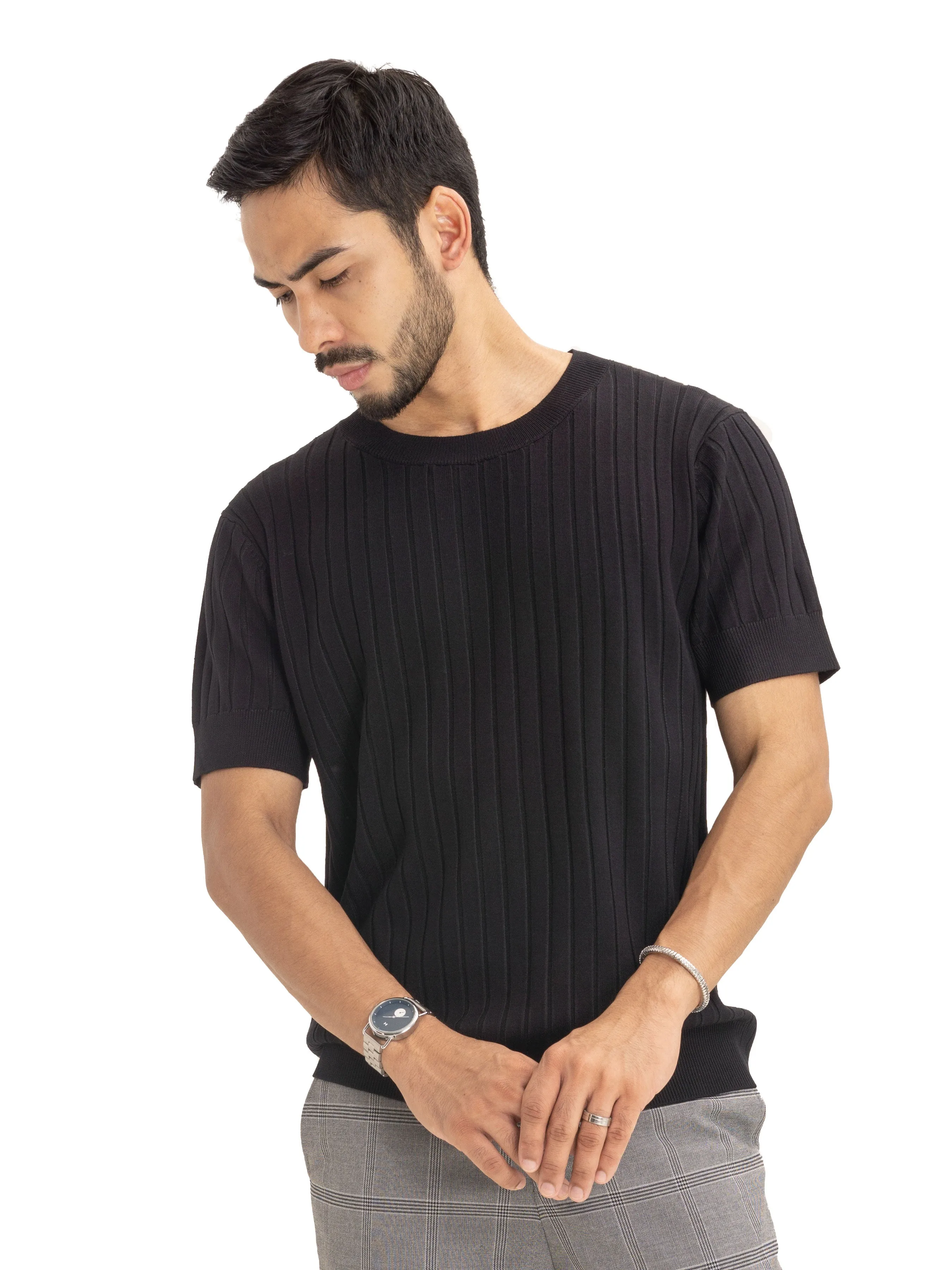 Ribbed Knit Tee - Black