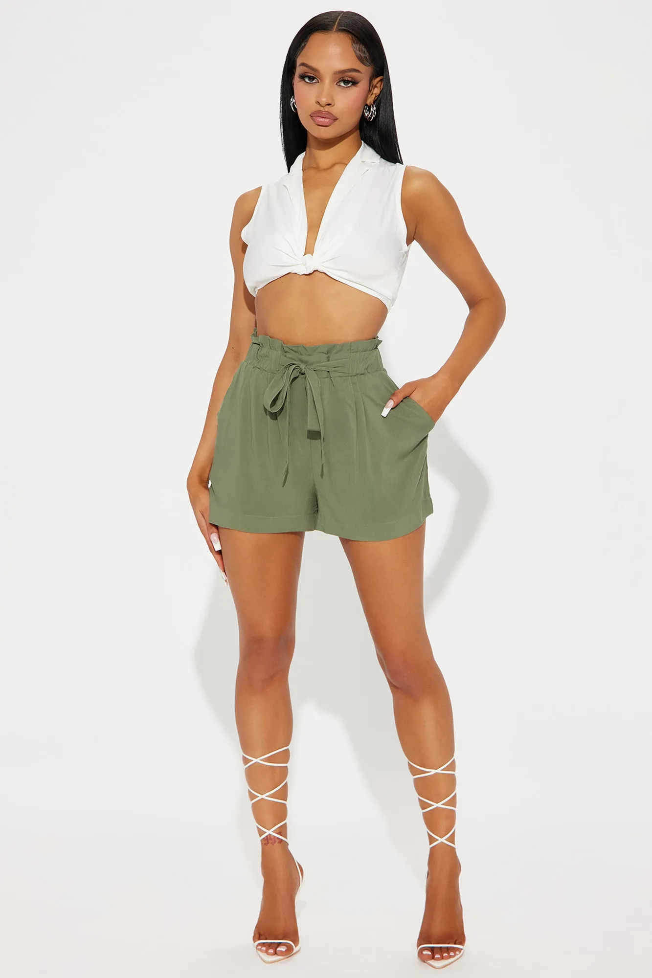 Rosie Tie Waist Shorts - Olive