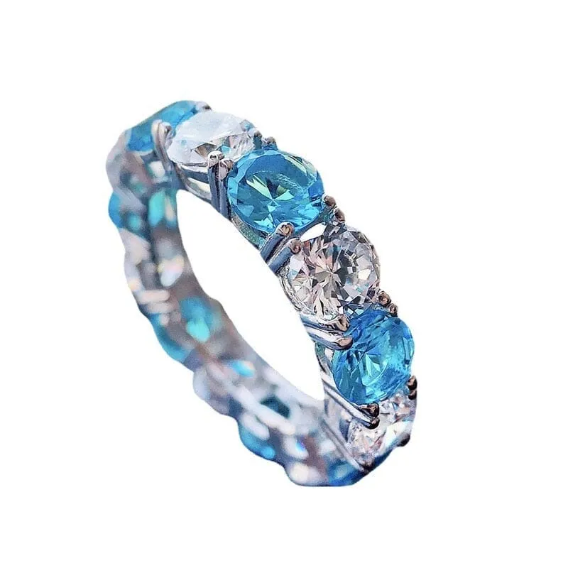 Round Cut Diamond and Aquamarine Ring - 925 Sterling Silver