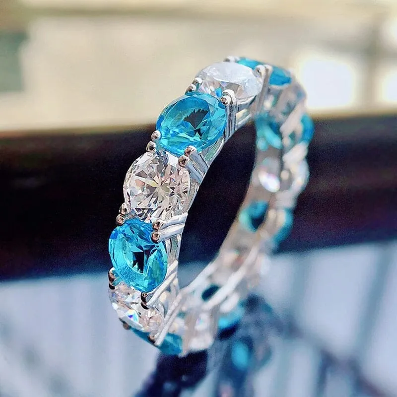 Round Cut Diamond and Aquamarine Ring - 925 Sterling Silver