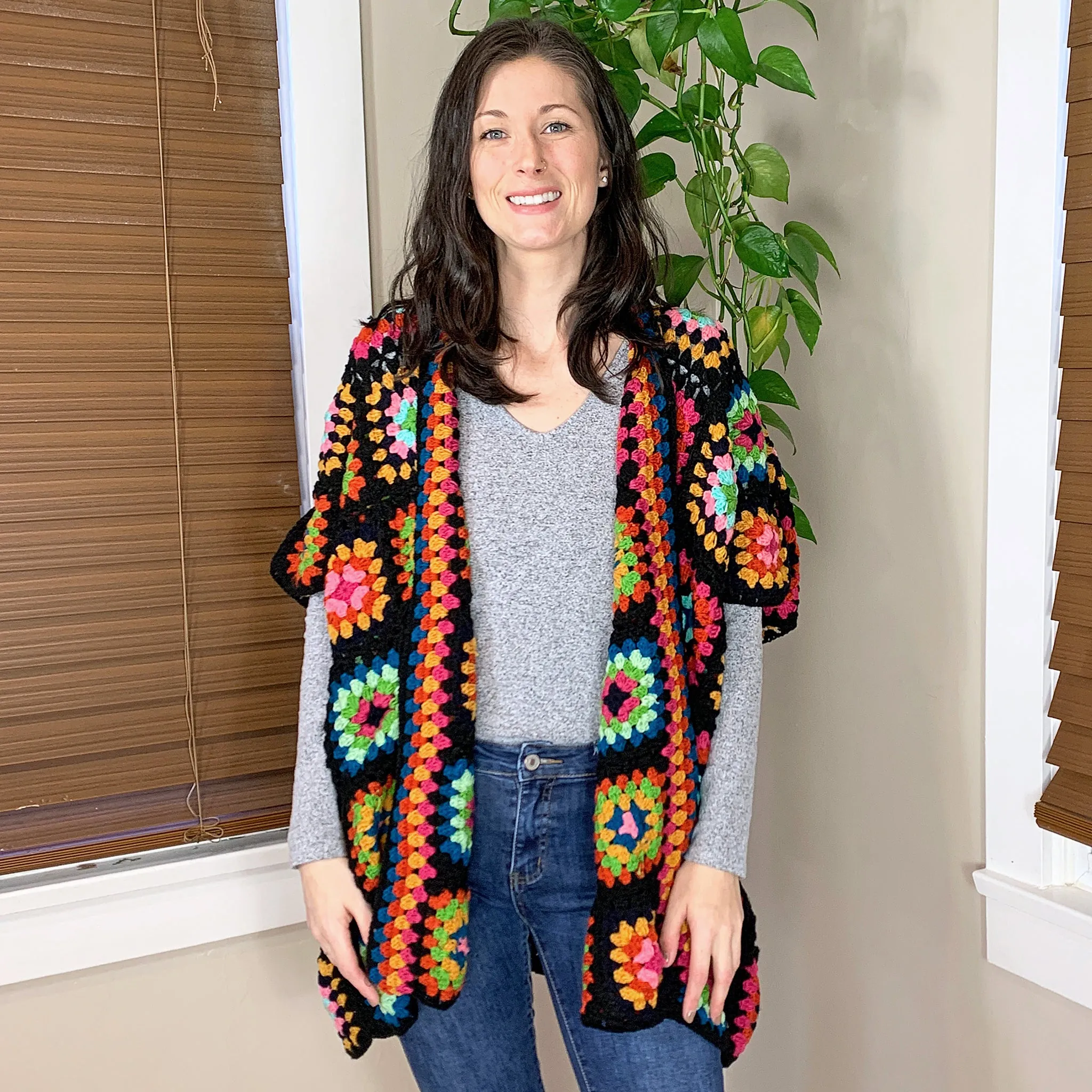 Saachi Noni Granny Square Crocheted Sweater in Black Multicolor