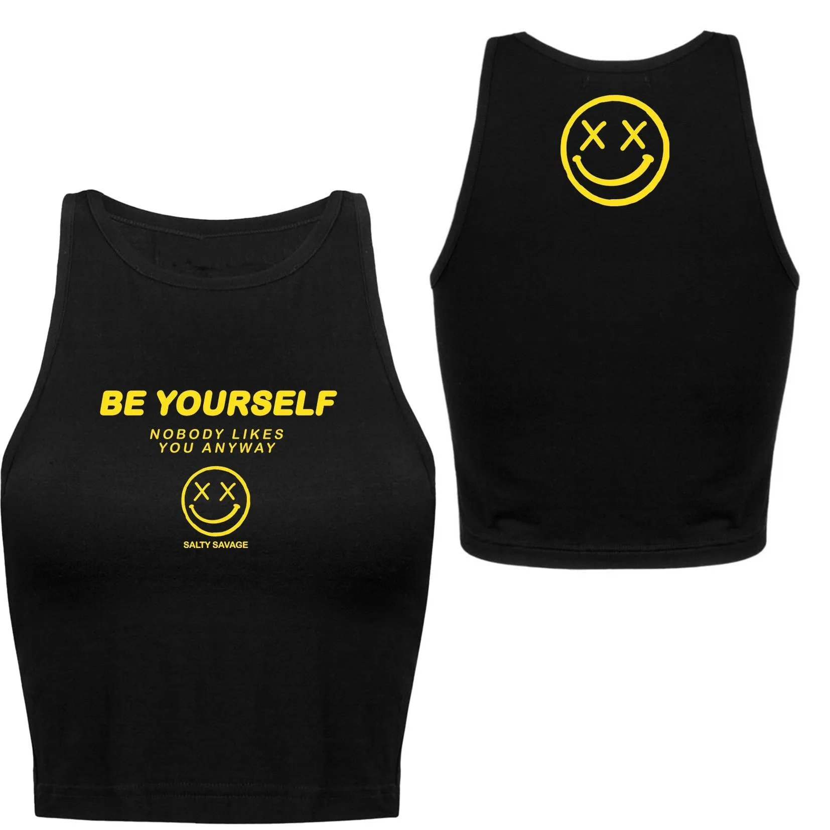 Salty Savage Ladies "Be Yourself" High Neck Sleeveless Crop Tank | Micro | Black/Yellow