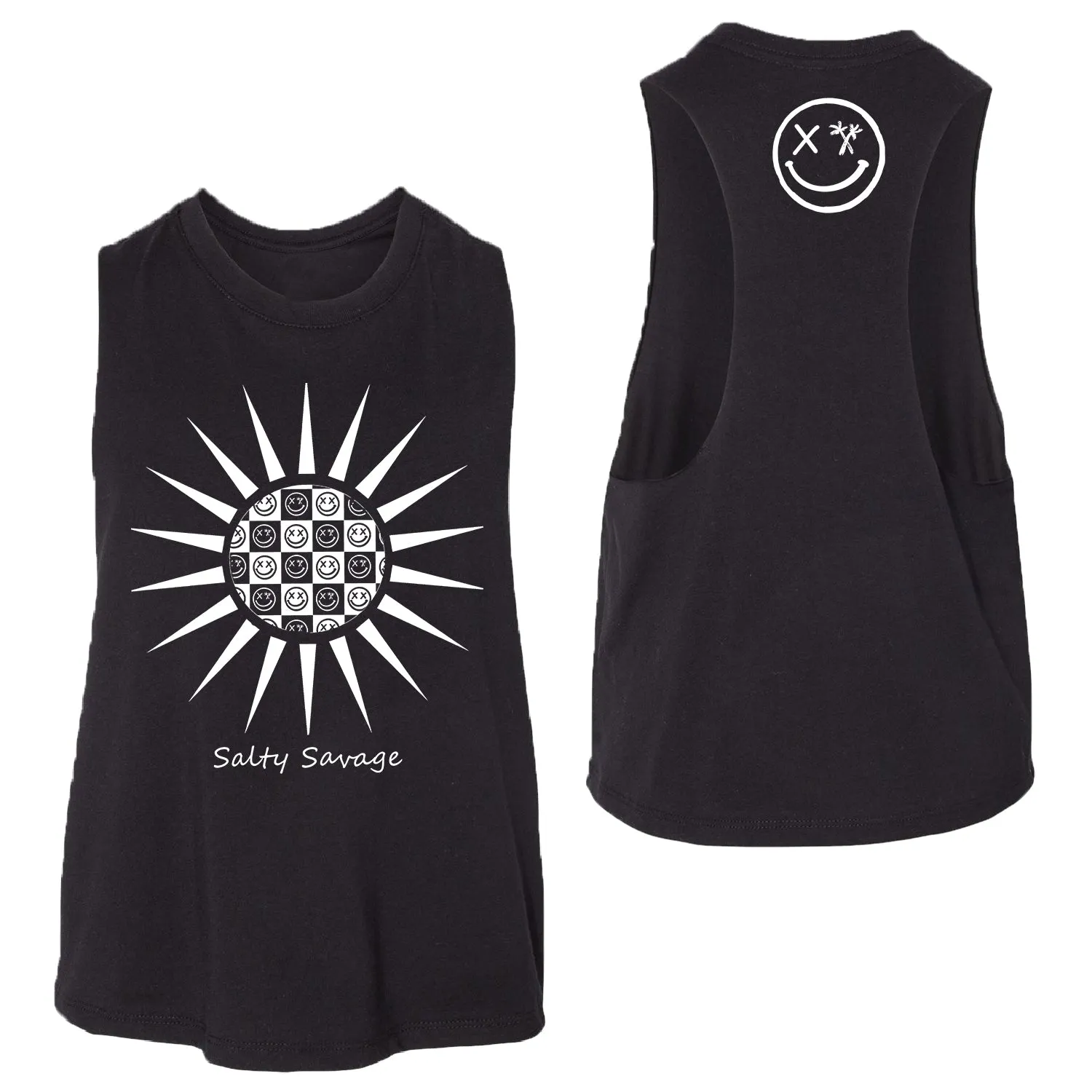 Salty Savage Ladies "Checkerboard Sun" Flowy Racerback Crop Tank