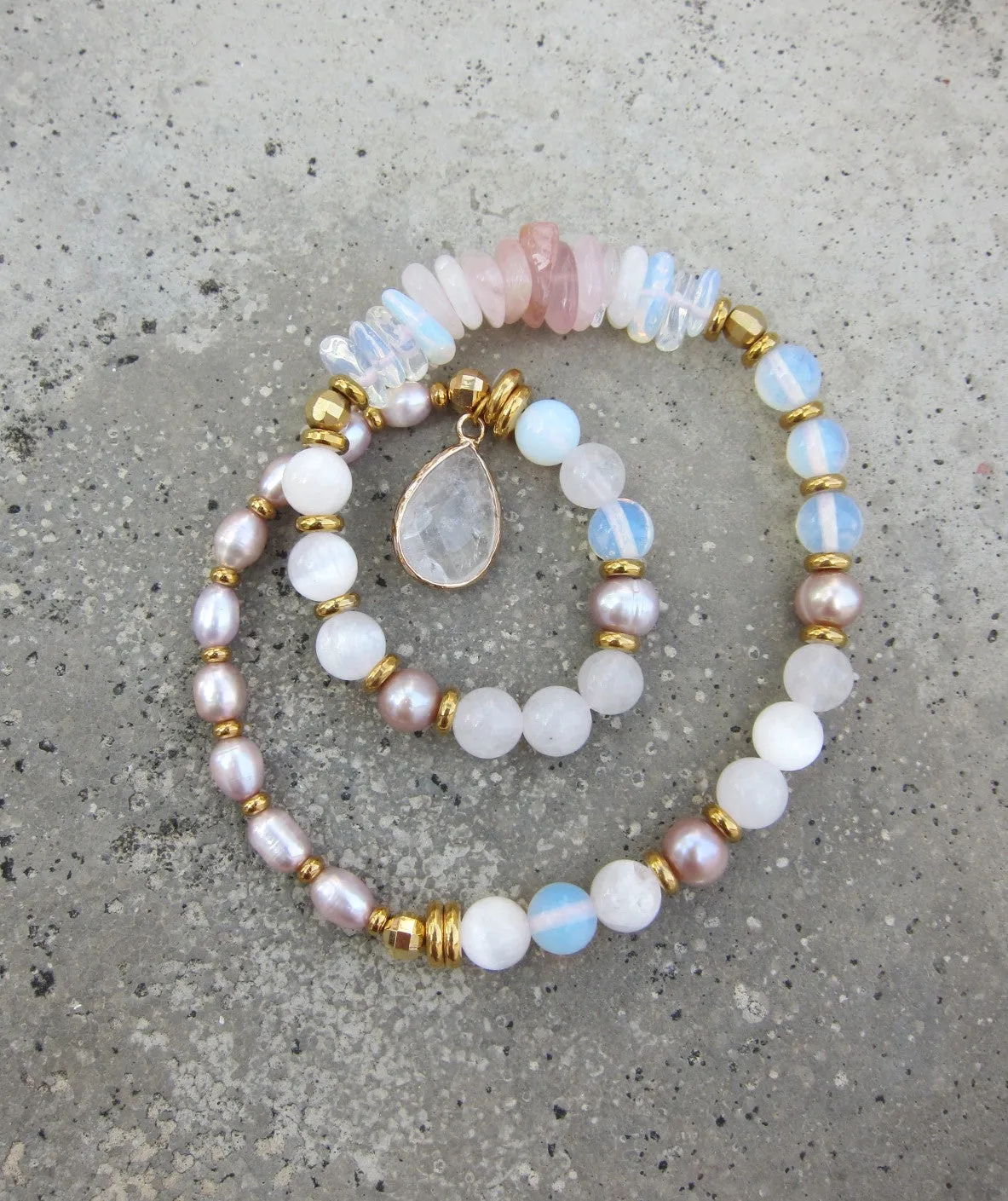 Selenite, Rose Quartz, Pink Freshwater Pearl Energy Wrist Bracelet