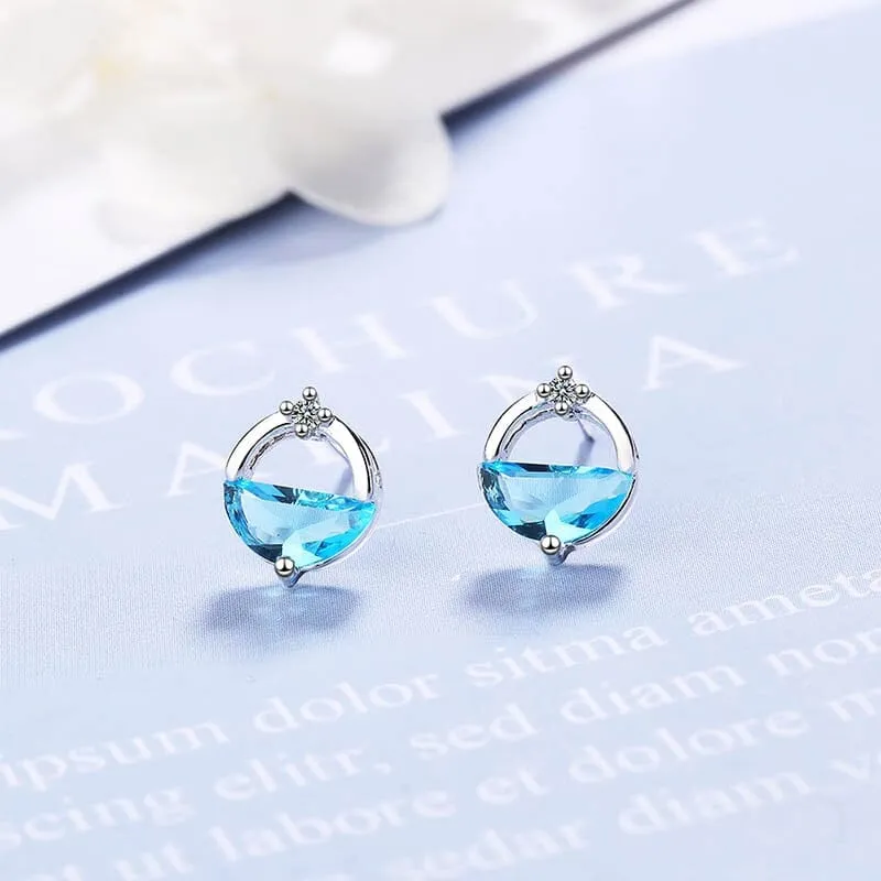 Semicircle Aquamarine Earrings - 925 Sterling Silver